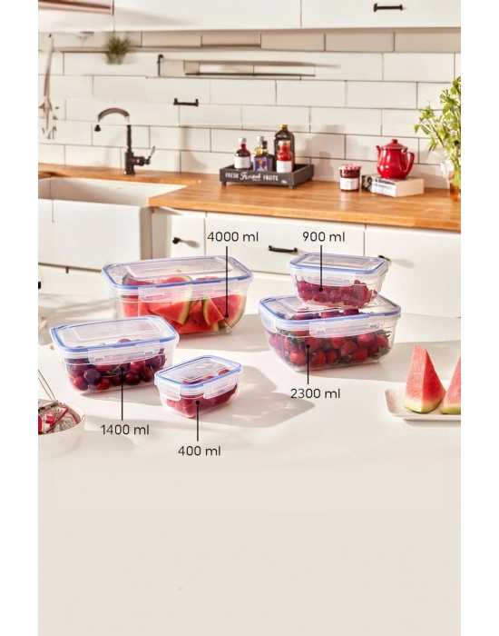 Dikdörtgen 10 Parça Contalı Vakumlu Sızdırmaz Hava Almaz Saklama Kabı Seti 2x(4000/2300/1400/900/400 Ml)