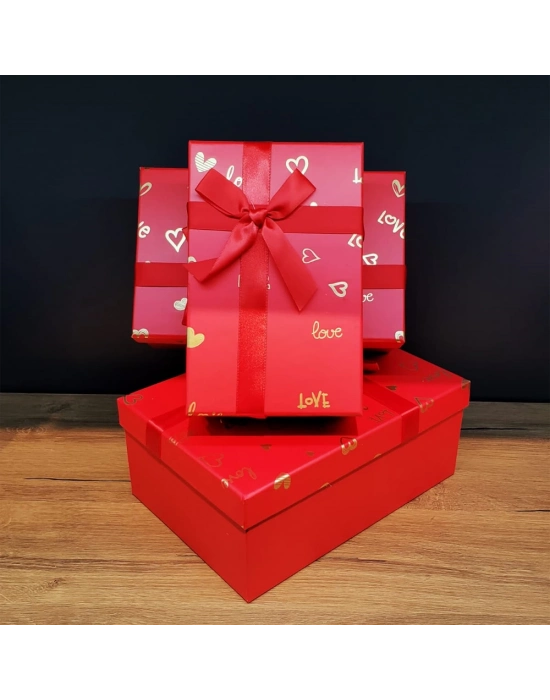 Dikdörtgen 3lü Kırmızı Hediye Kutusu