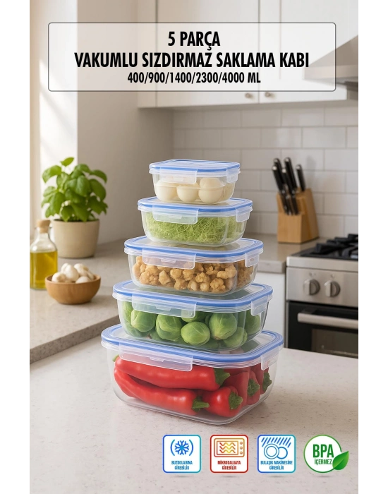 Dikdörtgen 5 Parça Contalı Vakumlu Sızdırmaz Hava Almaz Saklama Kabı Seti (4000/2300/1400/900/400 Ml)