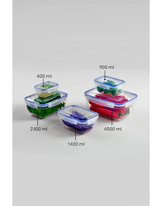 Dikdörtgen 5 Parça Contalı Vakumlu Sızdırmaz Hava Almaz Saklama Kabı Seti (4000/2300/1400/900/400 Ml)