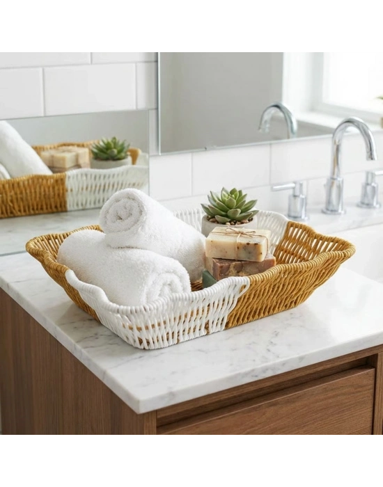 ®  Dikdörtgen Çift Renkli Plastik Rattan Ekmek ve Meyve Sepeti - Çok Amaçlı Banyo ve Mutfak Düzenleyici - Yıkanabilir Tezgâh Üstü Organizer