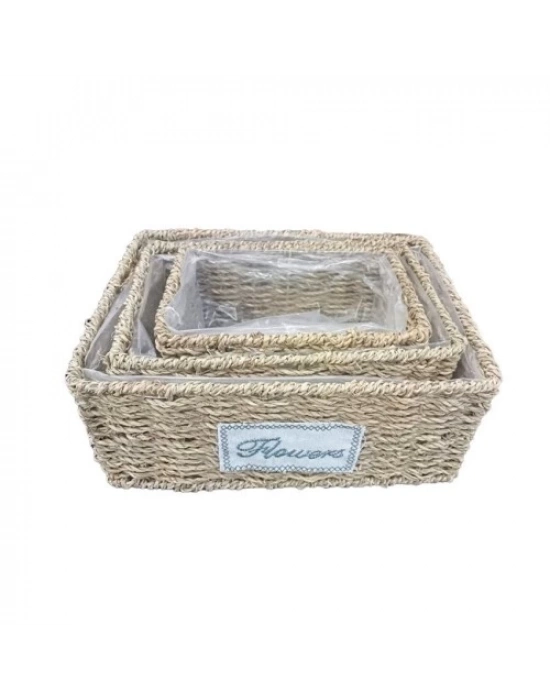 Dikdörtgen Doğal Hasır Saksı Seti - 3lü