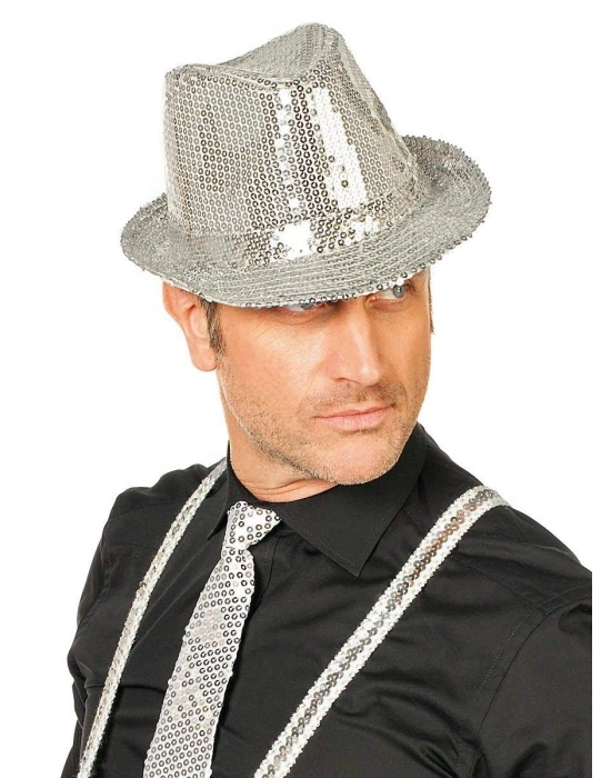 Disko Star Gümüş Payetli Fötr Şapka Yetişkin Boy