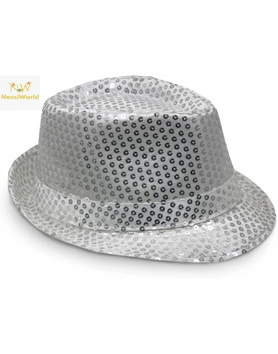 Disko Star Gümüş Payetli Fötr Şapka Yetişkin Boy