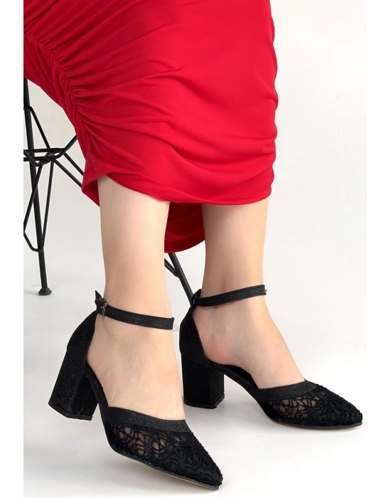 Dmop Siyah Cilt Simli Tül Detaylı Topuklu Ayakkabı