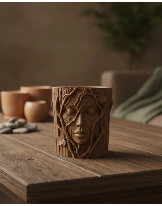 ® Doğa Temalı Yüz Detaylı Dekoratif Vazo 3D Ağaç Desenli Şık Saksı