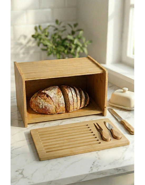 Doğal Bambu Kapaklı Ekmek Kutusu & Doğal Bambu Ekmek Dolabı (23x38x20 cm)