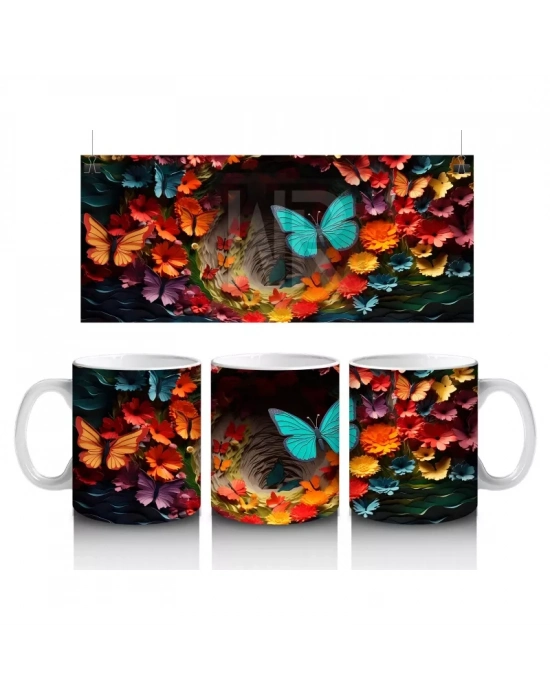 Doğal Çiçekler Arasında Turkuaz Kelebek – Baskılı Kahve Kupası