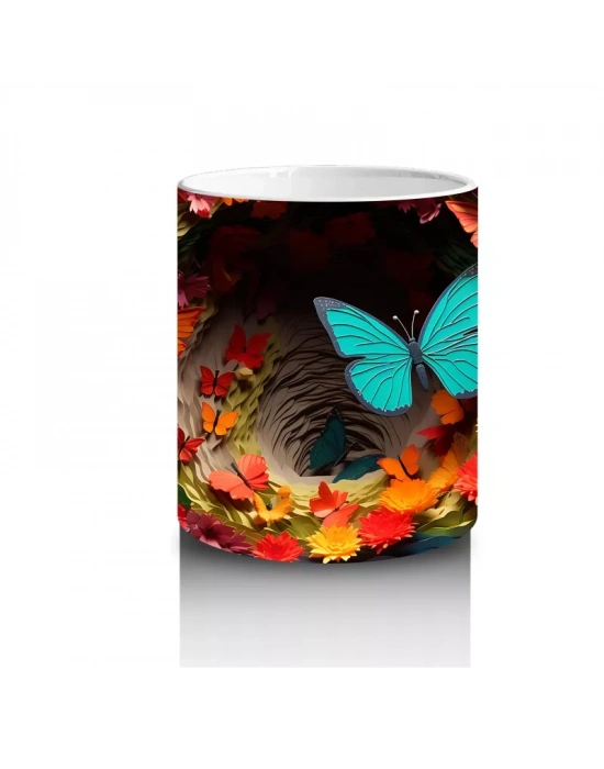 Doğal Çiçekler Arasında Turkuaz Kelebek – Baskılı Kahve Kupası