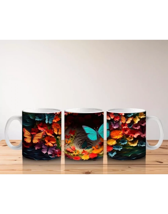 Doğal Çiçekler Arasında Turkuaz Kelebek – Baskılı Kahve Kupası