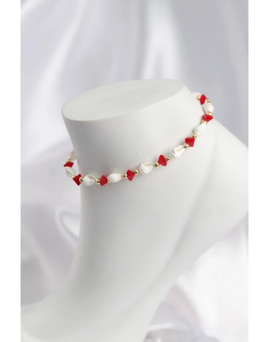 Doğal Deniz Kabuğu Model ve Kırmızı Kristal Taş Model Halhal