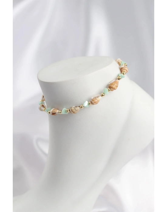 Doğal Deniz Kabuğu Model ve Yeşil Kristal Taş Model Halhal