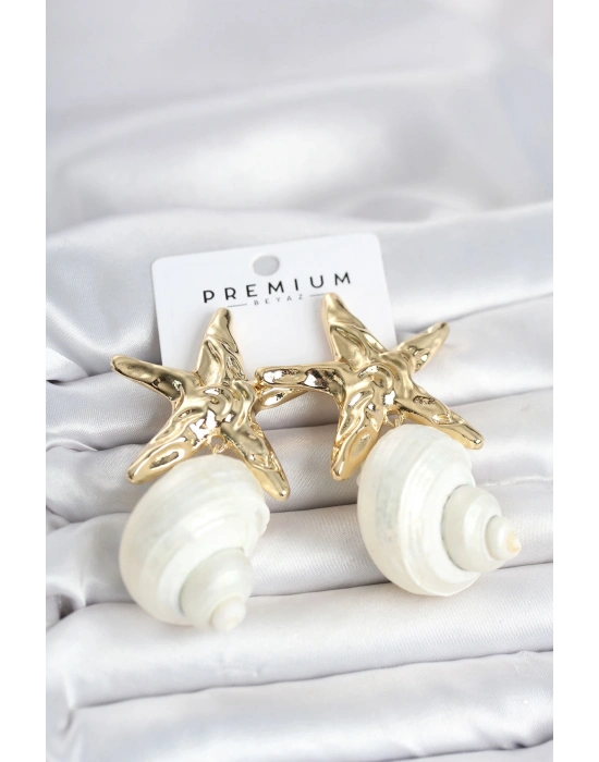 Doğal Deniz Kabuğu ve Gold Renk Yıldız Model Kadın Küpe