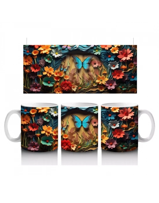 Doğal Taş Üzerinde Açık Mavi Kelebek – Baskılı Kahve Kupası