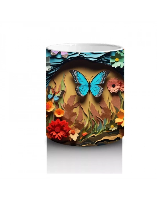 Doğal Taş Üzerinde Açık Mavi Kelebek – Baskılı Kahve Kupası