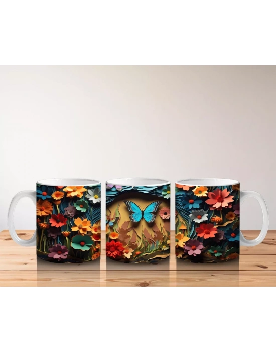 Doğal Taş Üzerinde Açık Mavi Kelebek – Baskılı Kahve Kupası