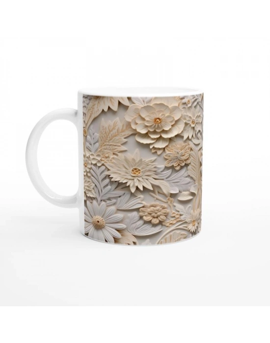 Doğal Tonlarda Kabartmalı Çiçek Desenli Kupa Bardak