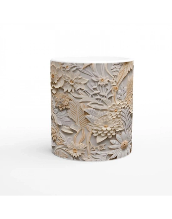 Doğal Tonlarda Kabartmalı Çiçek Desenli Kupa Bardak