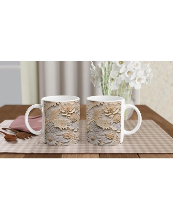 Doğal Tonlarda Kabartmalı Çiçek Desenli Kupa Bardak