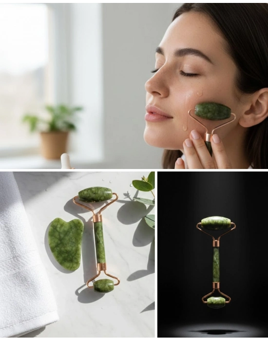 Doğal Yeşim Roller ve Gua Sha Yüz Şekillendirme Seti