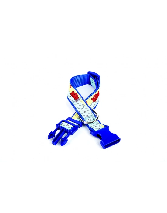 Doggie Desenli Süslü Dokuma Köpek Boyun Tasması 1,5 x 25-40 cm Mavi