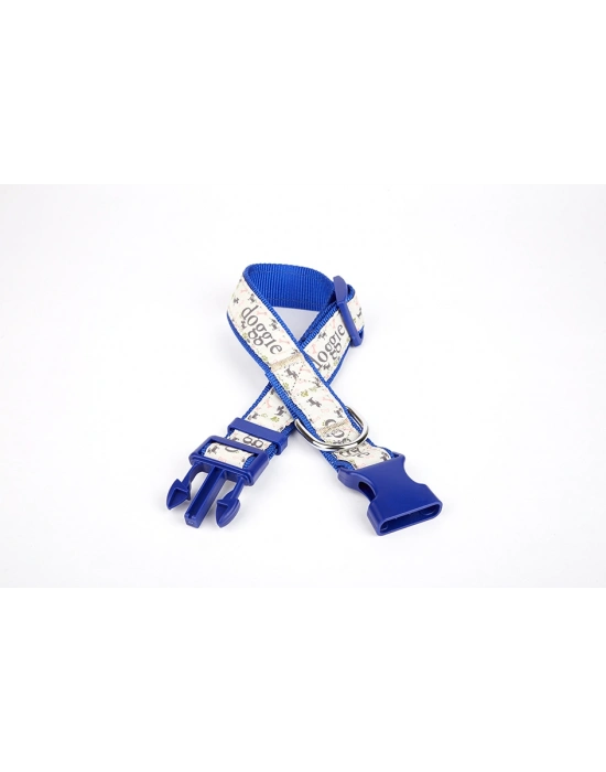 Doggie Köpek ve Pati Desenli Dokuma Köpek Boyun Tasması 3 cm x 36-60 cm Mavi