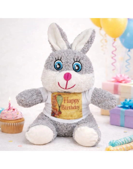 Doğum Günü Tişörtlü Sevimli Peluş Tavşan