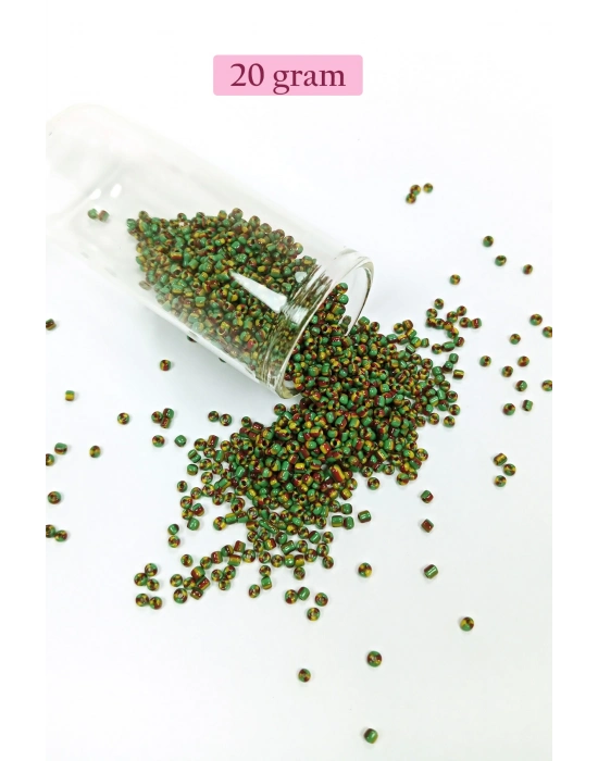 Dökme Cam Kum Boncuk (11/0) 2 mm - 20 Gram -  Yeşil Sarı Çizgili - BNC006
