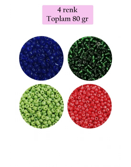 Dökme Cam Kum Boncuk (11/0) 2 mm - 4 Renk - Toplam 80 Gram -  BNC399