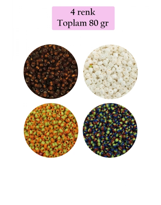 Dökme Cam Kum Boncuk (11/0) 2 mm - 4 Renk - Toplam 80 Gram -  BNC406