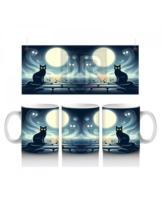 Dolunay Altında İskelet Silüetiyle Korku Temalı Cadılar Bayramı Baskılı Kupa Bardak