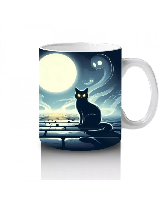 Dolunay Altında İskelet Silüetiyle Korku Temalı Cadılar Bayramı Baskılı Kupa Bardak