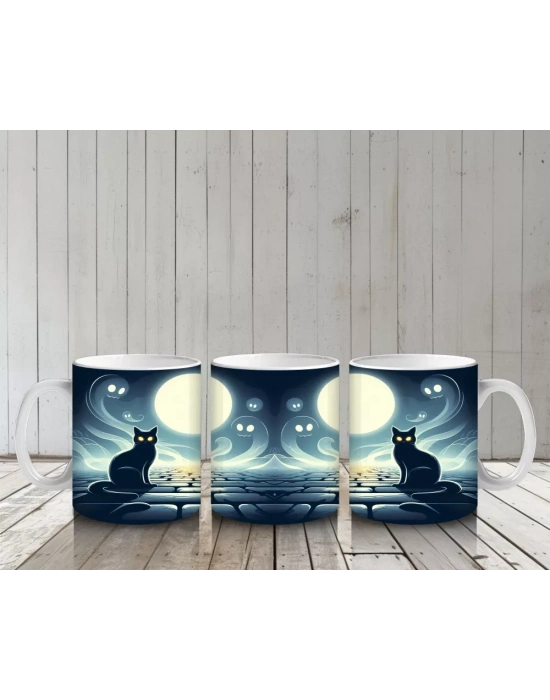 Dolunay Altında İskelet Silüetiyle Korku Temalı Cadılar Bayramı Baskılı Kupa Bardak