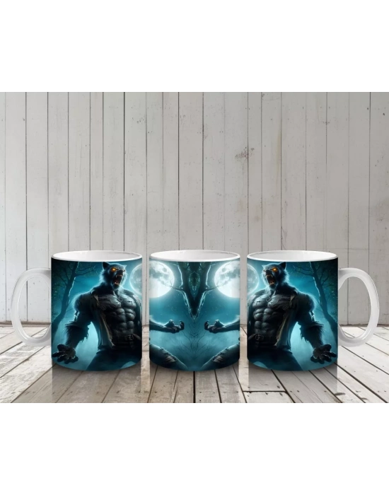 Dolunay Altında Kurt Adam Silüetli Cadılar Bayramı Baskılı Kupa Bardak