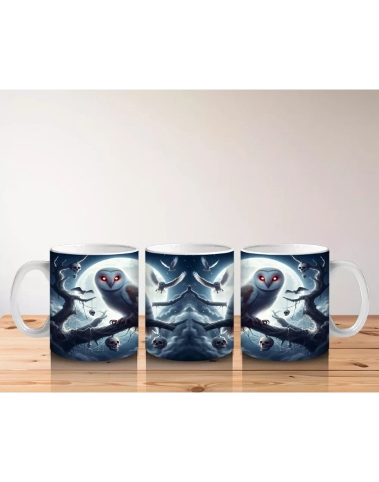 Dolunay Altında Oturan Baykuş Figürlü Mistik Cadılar Bayramı Baskılı Kupa Bardak