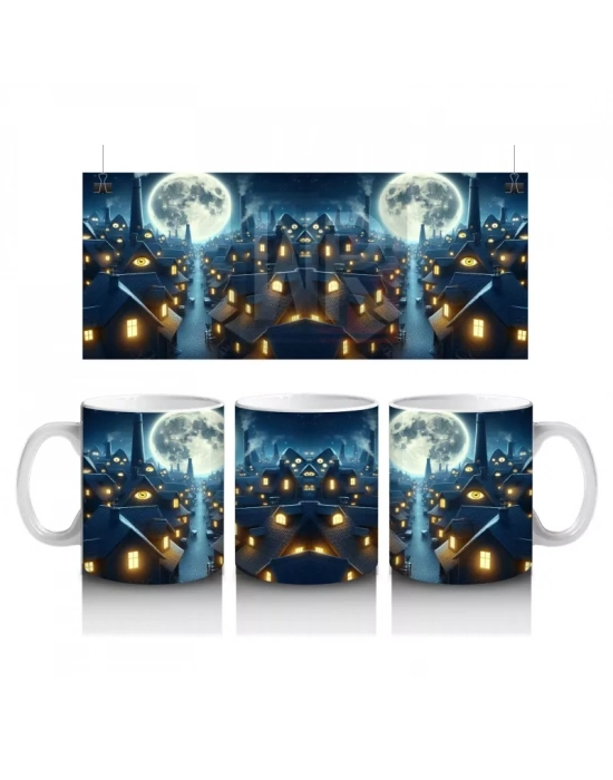 Dolunay Altında Uçan Yarasa Silüetleriyle Gotik Cadılar Bayramı Baskılı Kupa Bardak