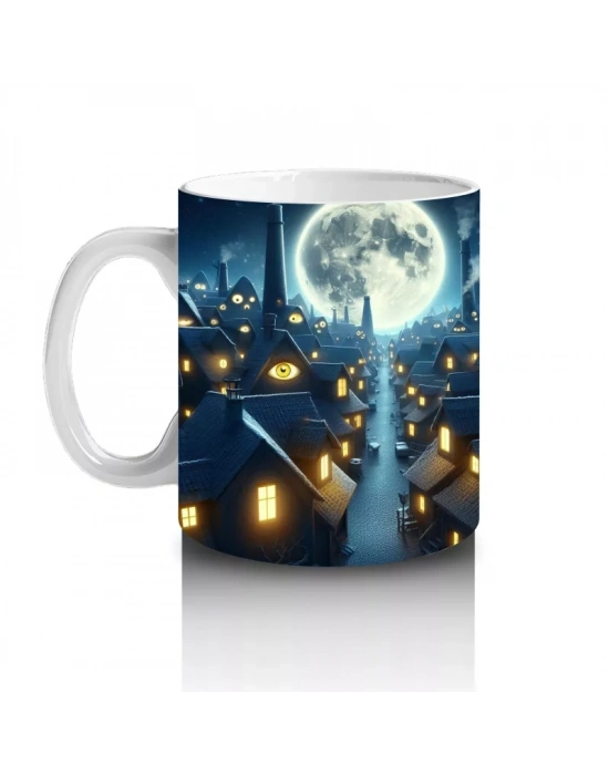 Dolunay Altında Uçan Yarasa Silüetleriyle Gotik Cadılar Bayramı Baskılı Kupa Bardak