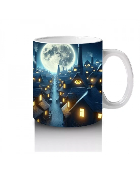 Dolunay Altında Uçan Yarasa Silüetleriyle Gotik Cadılar Bayramı Baskılı Kupa Bardak