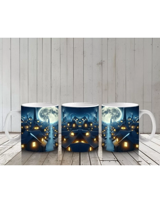 Dolunay Altında Uçan Yarasa Silüetleriyle Gotik Cadılar Bayramı Baskılı Kupa Bardak