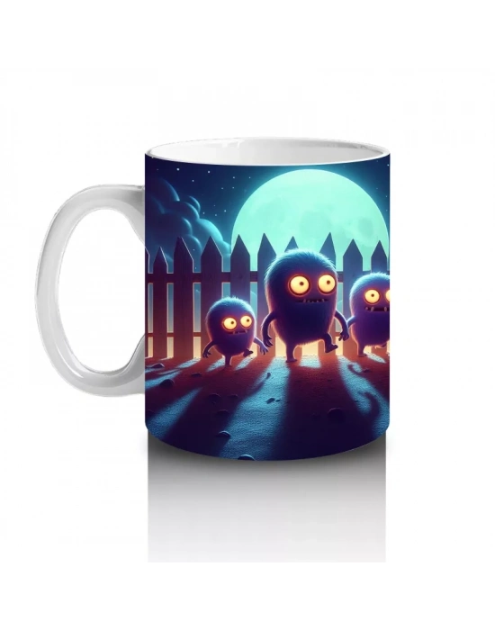 Dolunay Altında Yürüyen İskeletler Desenli Retro Cadılar Bayramı Baskılı Kupa