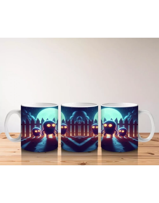 Dolunay Altında Yürüyen İskeletler Desenli Retro Cadılar Bayramı Baskılı Kupa