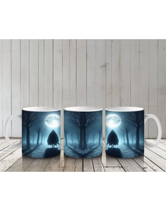 Dolunay Önünde Cadı Silüeti Figürlü Gotik Cadılar Bayramı Baskılı Kupa Bardak