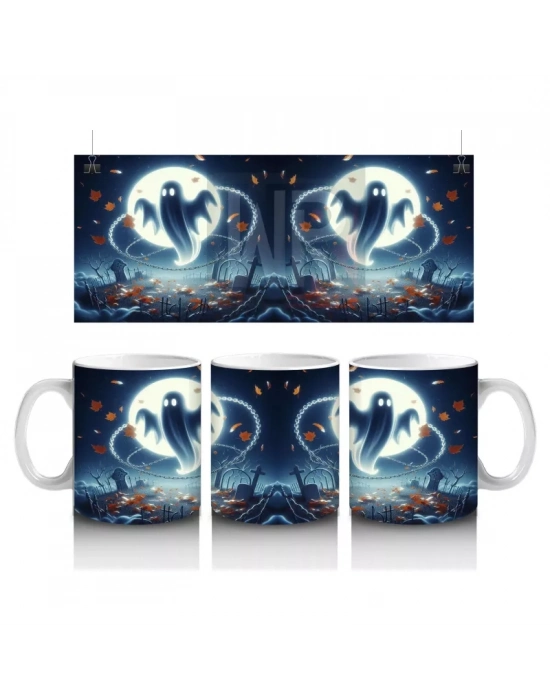 Dolunay Önünde Uçan Hayalet Figürlü Gotik Cadılar Bayramı Baskılı Kupa Bardak