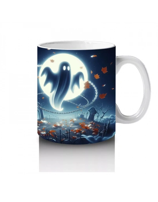 Dolunay Önünde Uçan Hayalet Figürlü Gotik Cadılar Bayramı Baskılı Kupa Bardak