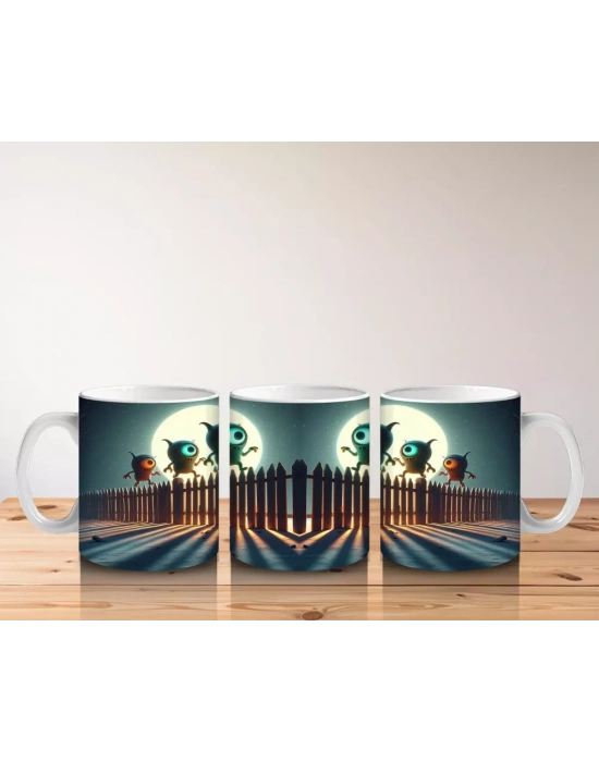 Dolunay ve Kafatası Sıralı Yol Temalı Gotik Cadılar Bayramı Baskılı Kupa