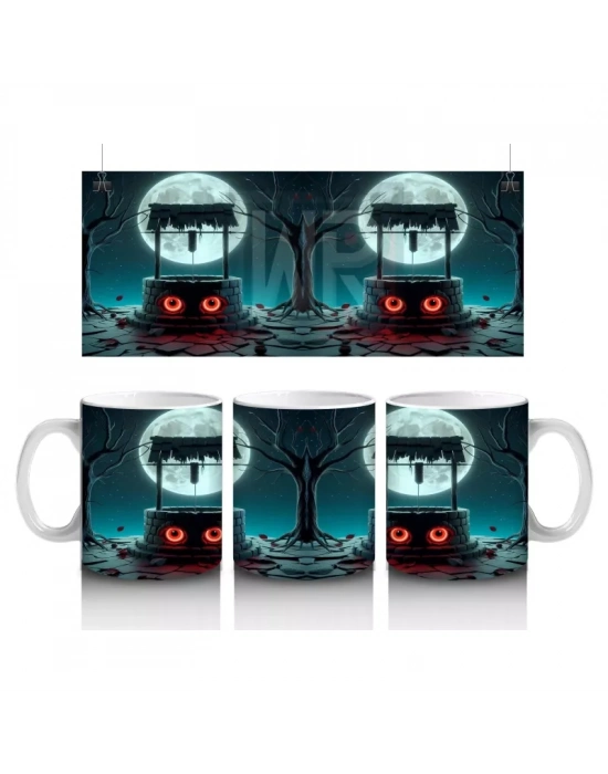 Dolunay ve Parlayan Gözlerle Gotik Korku Temalı Cadılar Bayramı Baskılı Kupa