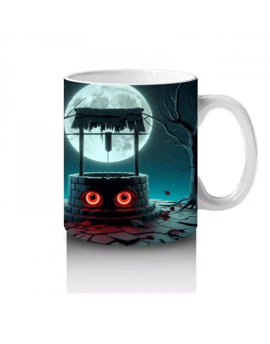 Dolunay ve Parlayan Gözlerle Gotik Korku Temalı Cadılar Bayramı Baskılı Kupa