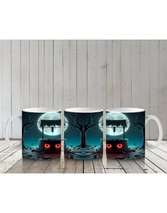 Dolunay ve Parlayan Gözlerle Gotik Korku Temalı Cadılar Bayramı Baskılı Kupa