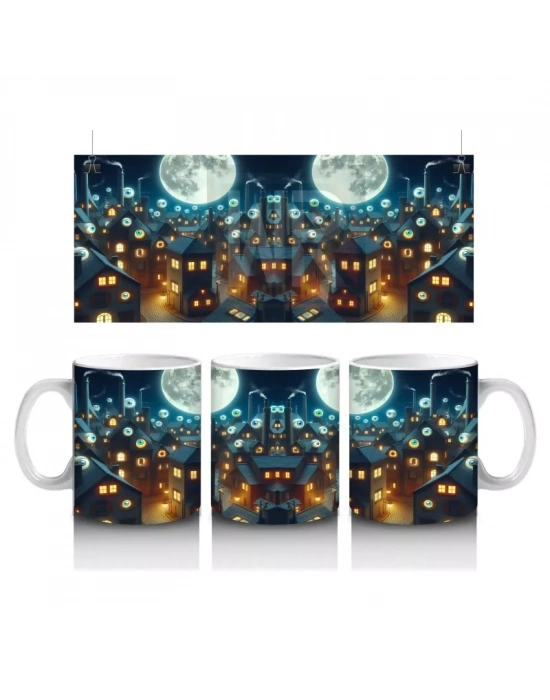 Dolunay ve Renkli Işıklarla Süslenmiş Cadılar Bayramı Sokak Temalı Baskılı Kupa Bardak