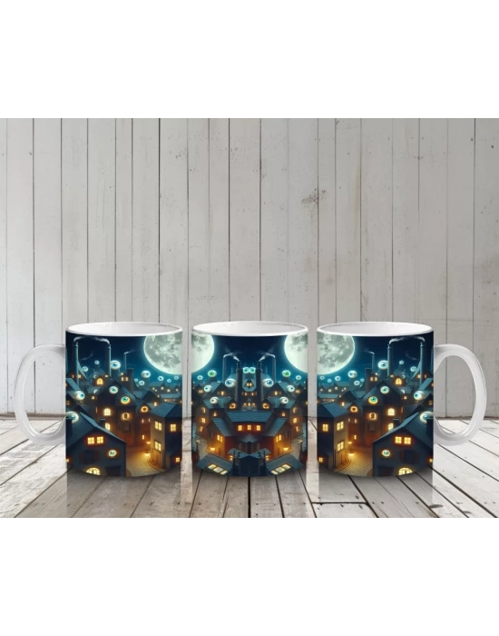 Dolunay ve Renkli Işıklarla Süslenmiş Cadılar Bayramı Sokak Temalı Baskılı Kupa Bardak